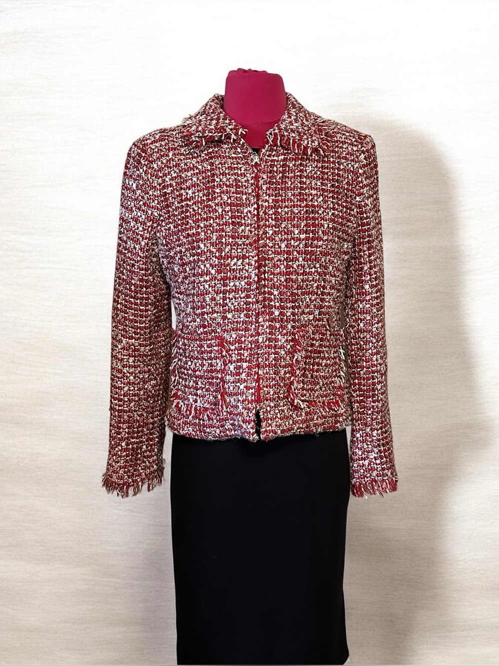 George Red/White/Black Tweed Fringe Collar Jacket